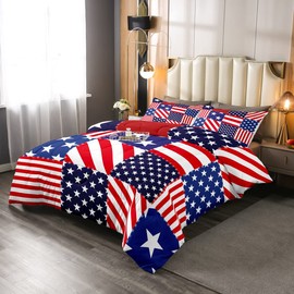 Erosebridal American Flag Comforter Set Queen United States Bedding Set USA Federations Stars Down Comforter for Kids Boys Teens Men Bedroom, Geometric Stars Stripes Duvet Sets, Red Blue and White