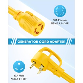 Kohree NEMA TT-30P to L14-30R Generator Adapter Cord, 30Amp 3 Prong to 4 Prong Adapter, Generator Transfer Switch Adapter Cord, STW 10 AWG 12'', 30 Amp Male Generator to 30 Amp House Inlet Box Adapter