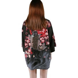Siehin Women's Kimono Cardigan Japan Happi Kimono Spring Summer Jacket Yukata Coat Ukiyoe Baggy Tops One Size, Black Fish