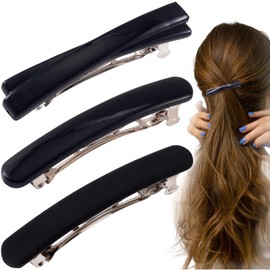 STSTR 3PCS French Barrette Hair Clips for Women, Small Tortoise Shell Hair Clip, Curved Glossy/Frosted Thin Hair Flat Hair Accessories for Women - Black, Crossed/Oval Style