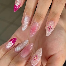 Almond Press on Nails Pink Medium Fake Nails with Cute Flower Designs Full Cove Stick on Nails Matte Glue on Nails Acrylic Press on Nails Winter Cute Artificial Nails for Women Manicure Art 24Pcs