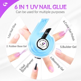 Professional Gel Nail Glue UV - 6 in 1 Gel Glue for Nail Tips with Purple Jelly Gel Polish,Base Coat Free,Gelike EC Strong Adhesive for Press on Nail,Ideal for Salon and Home DIY