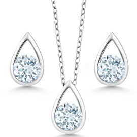 Gem Stone King 925 Sterling Silver 5MM Round Gemstone Birthstone Teardrop Pendant Earrings Set | Jewelry Set for Women | With 18 Inch Silver Chain