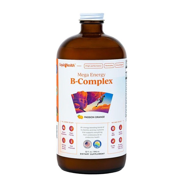 LIQUIDHEALTH 32 Oz Vitamin B Complex Liquid Multivitamin for Women & Men, Super B Complex, Mega B Vitamins Energy Supplement with B1, B2, B3, B5, B6, Methyl B12 Liquid, Folate & Biotin