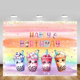 MEHOFOND Bubble Millk Tea Birthday Backdrop Kawaii Par-Tea Party Decorations Colorful Rainbow Pearl Milk Tea for Boys Girls Birthday Party Photography Background Banner Sign Photo Booth Props 7x5ft