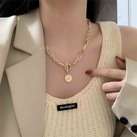 Yheakne Punk Layered Toggle Necklace Choker Gold Paperclip Chain Necklace Toggle Bar Clasp Necklace Vintage Coin Disc Pendant Necklace Chain Jewelry for Women and Girls Gift