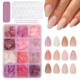 360Pcs Almond Press On Nails Short Fake Nails Solid Color False Nail Press Ons Set Full Color Acrylic Glue on Nails Reusable Glossy Artificial Nail Kit for Women Girls Manicure