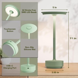 ZTFLOS Cordless Rechargeable Table Lamps,Portable 5000mAh Battery Desk Lamp IP54 Waterproof 3 Color Stepless Dimming LED Table Light,Patio,Restaurant, Cafe, Dining Table Decor(2P Apple Green)
