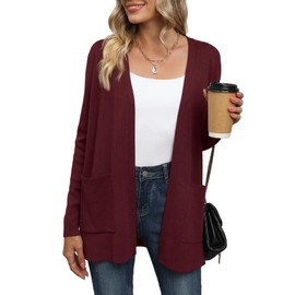 LILBETTER Women's Long Sleeve Knit Sweater Open Front Cardigan Loose Outerwear(Wine Red,Medium)