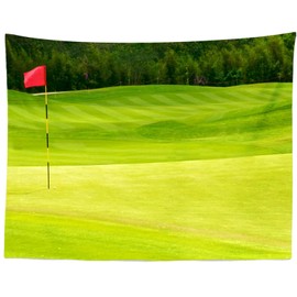 Loccor Golf Course Tapestry Green Grass Field Red Flag in The Hole Summertime Golfing Landscape Wall Hanging Golf Sports Party Decorations Living Room Dorm Decor Tapestry for Bedroom 60''x50''