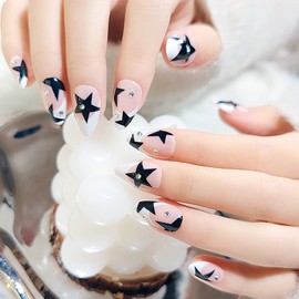 24Pcs Medium Almond Press on Nails, Artificial Acrylic Fake Nails with Black Stars Designs, Full Cover Reusable Coffin Rhinestones Glossy False Nails, Stick on Nails Set, Glue on Nails for women