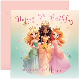 Princess 5th Birthday Cards for Niece - Fun and Cute Princess Themed Greeting Card for 5 Year Old Girl - Special Princess Design for Young Girl Birthday Party - Cartoon Princess Card