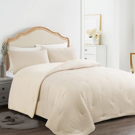 HOMBYS 3 Piece Seersucker Oversized King Comforter Set 98x120, Breathable Beige Soft Comforter Set, Lightweight Down Alternative Comforter, Bedding Comforter Sets with 2 Pillow Shams for All Season