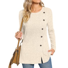 TAOHUADAO Women's Long Sleeve Jumpers Crewneck Tunic Tops with Button Sides Loose Casual Fall Sweater Shirts for Leggings M, Beige