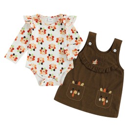 KnniMorning TEES Baby Girl Thanksgiving Outfit Newborn Turkey Romper With Corduroy Overall Dress Toddler Thanksgiving Clothes (Green, 12-18 Months)