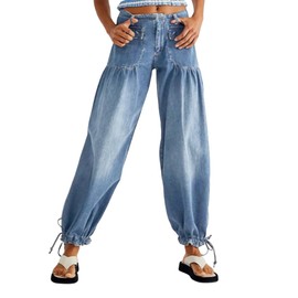 EZAPINE Women's Cargo Pants Mid Waist Adjustable Straight Relaxed Fit Baggy Parachute Hiking Pants with Pocket Blue