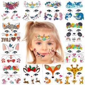 Qpout Animal Face Tattoos for Children, 12 Sheets Face Tattoos for Children Party, Temporary Tesicht Tattoos for Girls Boys, Mermaid Unicorn Dolphin Panda Rabbit Fox Mouse Giraffe Tattoos