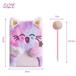 Belegao Secret Diary with Lock for Girls, Fluffy Journal with Lock Keys Pen Rhinestone Stickers Plush Secret Diary Notebook Set for Home School Travel Writing (Smile Cat Purple Tie-Dye)