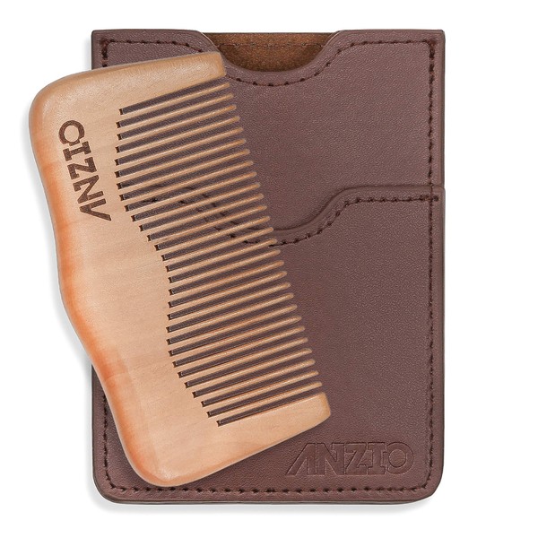 Wood Beard Mustache Comb by ANZIO, Handmade Pocket & Travel Size With or Without PU Leather Credit Card ID Money Holder (Pear Wood & Case/Money Holder)