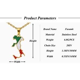Fusamk Women's Italy Map Pendant Necklace,Gold Plated Italian Flag Pendant with Stainless Steel Chain, 20" Length(Gold)