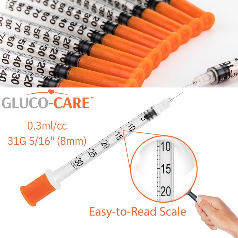 GLUCO-CARE 0.3 ml/cc Syringes 31G x 5/16’’ (8mm), Orange Cap,