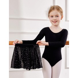 Zaclotre Black Leotard for Girls Long Sleeve Twinkle Sequins Dance Dress Outfit with Removable Skirt