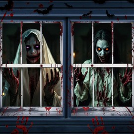 2 Pcs Halloween Window Decorations, Halloween Window Cover, Horror Theme Poster for Indoor and Outdoor Party Decorations, 32x47 inch (Terror A)