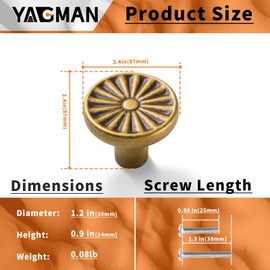 Yagman 10 Pack Antique Brass Cabinet Knobs Vintage Round Sunflower Dresser Knob Kitchen Cupboard Drawer Handles Bathroom Dresser Cabinet Hardware Furniture Wardrobe Single Hole Knobs Zinc Alloy