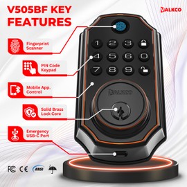 VALKCO Smart Door Lock V5O5BF, Keyless Entry Door Lock with Keypad and Bluetooth App Control, Fingerprint Deadbolt, Smart Door Lock for Front Door, Auto Lock, IP54 Weatherproof, Easy Installation.