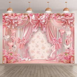 Luminora Fabric 7x5ft Pink Coquette Bow Backdrop Curtain Floral Balloons Photography Background Girls Birthday Party Decoration Wedding Bridal Photo Banner