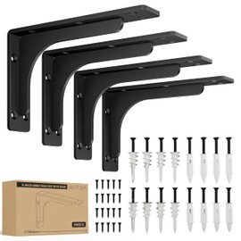 BATODA 8” Shelf Brackets with Beam (4pcs) - L Shelf Bracket Black - Heavy Duty Shelving Brackets for Floating Shelves - Wall Mounted Support for DIY – Mounting Hardware Included ( Pack 4, 8 Inch L)