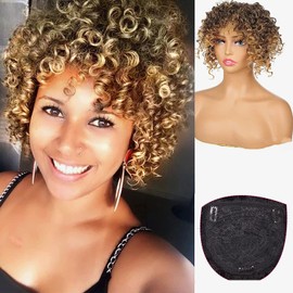 KRSI Short Afro Curly Synthetic Hair Topper Hair Pieces for Men and Women, Omber Blond Wiglets Hairpieces Toppers Pieces Wigs for Black Women With Thinning Hair Topper With Bangs(1B/27)