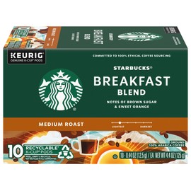 Starbucks Coffee K-Cup Pods, Breakfast Blend Medium Roast, Ground Coffee K-Cup Pods for Keurig Brewing System, 10 CT K-Cup Pods Per Box (Pack of 2 Boxes)