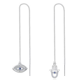 Evil Eye Pull Through Earrings 925 Sterling Silver Turkish Eye Hamsa Hand of Fatima Long Hanging Threader Earrings for Women