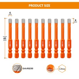 BGTEC Diamond Drill Bits Set Core Drill bit with Quick Change Hex Shank, 10pcs 1/4"" Tile Drill Bit for Ceramic Tile Porcelain Tile Marble Granite, Orange