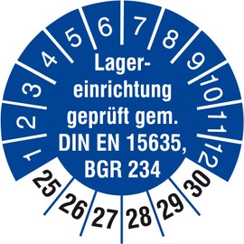 200 Test Labels 30 mm Storage Equipment Tested DIN EN 15635 BGR 234 2025-2030 Test Badges
