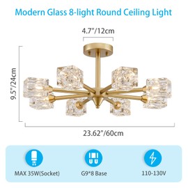XINGQI Semi Flush Mount Ceiling Light Fixture Modern Sputnik Chandeliers 8 Lights Gold Chandelier, Fashion Lighting for Bedroom Dining Room Farmhouse Kitchen Office