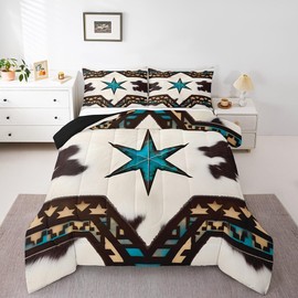 Feelyou Kids Cow Fur Print Comforter Queen Size, Western Comforter Set for Kids Toddler Cowhide Pattern Comforter Set Texas Star Print Duvet Set Microfiber Bed Set