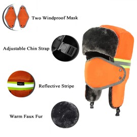 Ushanka Men's Winter Trapper Hat with Ear Flaps - Windproof Mask Fluorescent Orange Faux Fur Inner Russian Trooper Hat Hunting Skiing Hat for Men Women