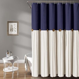 Linen Button Farmhouse Beige Shower Curtain,Linen and Cotton Woven Fabric,Pleated Brown Stripe,Country Style - Color: Navy Blue & Cream, Size: 72"L x 60"W