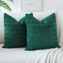 OTOSTAR Decorative Throw Pillow Covers 16 x 16 Inch Soft Corduroy Cushion Covers Boho Striped Square Pillow Cases for Couch Bed Home Sofa Car Farmhouse Decor Set of 2 (Green)