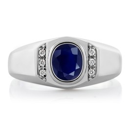 Gem Stone King 1.85 Cttw Blue and White Sapphire Ring For Men | 925 Sterling Silver | Oval 8X6MM | Gemstone Birthstone | Available In Size 7, 8, 9, 10, 11, 12, 13