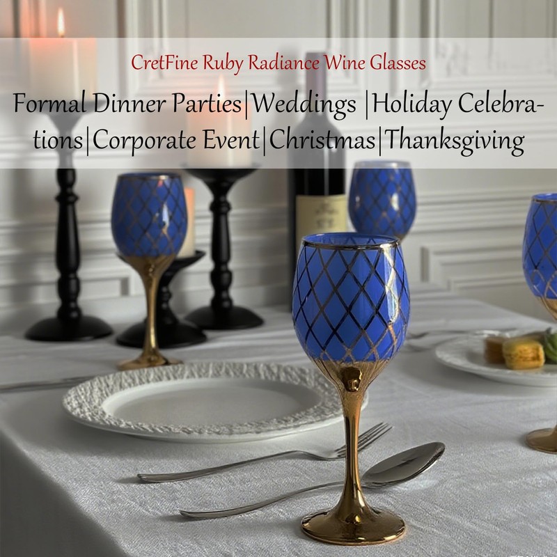 CretFine Blue and Gold Gold Wine Glasses Set of 2,