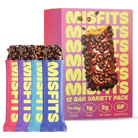 Misfits Protein Bar Variety Pack | Nutrition Bars - 14-15g Protein, 1g Sugar, Plant-based, Low Carb, Non-GMO, Gluten Free Snacks | Pack of 12, Multiple Flavors
