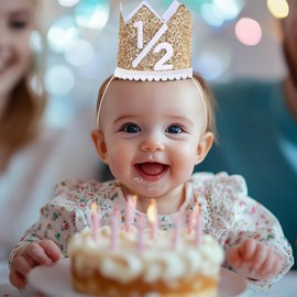 Alainzeo Half Birthday Party Crown, 1/2 Golden Birthday Party Hat for Baby Girl or Boy, Glitter Crown hat for 6 Month baby Birthday Decoration, Party Photo Prop, Glitter Golden