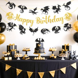 Dragon Birthday Party Banner Black Dragon Party Banner Dragons Birthday Hanging Decorations for Boys Girls Men Baby Shower Dinosaur Theme Happy Birthday Wall Decorations Supplies