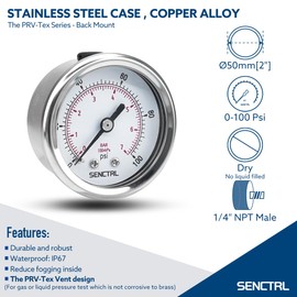 SENCTRL 0-100 Psi Pressure Gauge, 2" Dial Size, 1/4 NPT Back Mount, Waterproof, Stainless Steel Case, for Water Filter Well Pump Air Tire Low Pressure Test