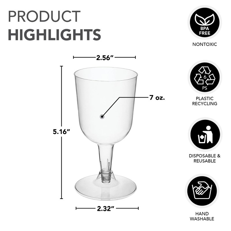 Party Essentials Disposable 2-Piece Plastic Wine Glasses/Stemmed Cups, For Drinks,