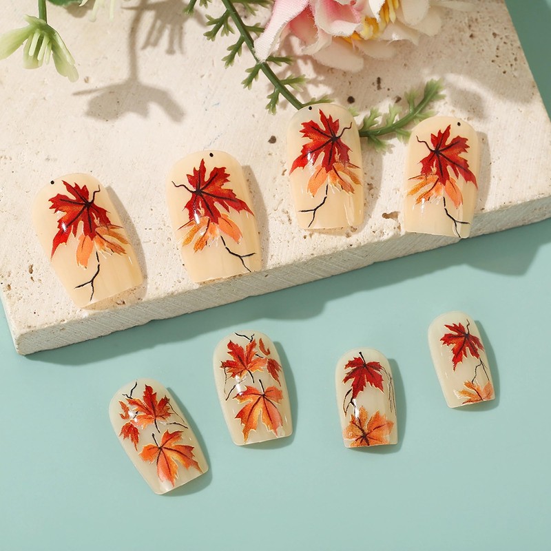 MERVF Fall Press on Nails Medium Square, Maple Leaf Fake