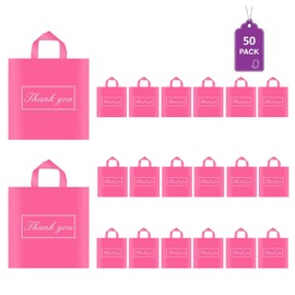 Odseciran 50 Pcs Pink Thank You Bags for Small Business, Shopping Bag with Handle Plastic Boutique Party Favor